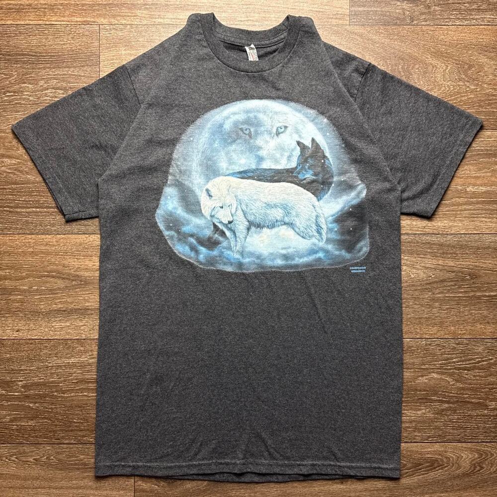 Y2K Grey Wolf Graphic Tee with White Wolf & Black Wolf Under a Moon